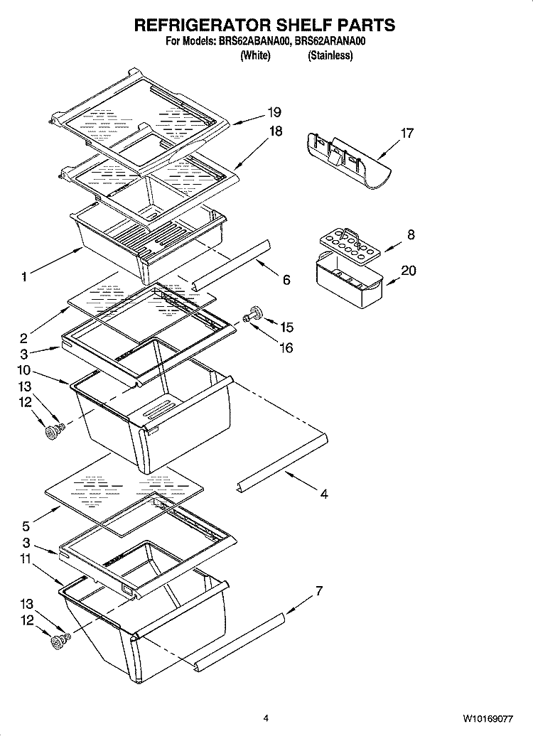 REFRIGERATOR SHELF PARTS Diagram and Parts List for BRS62ARANA00  Whirlpool Refrigerator