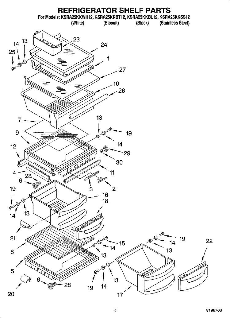 REFRIGERATOR SHELF PARTS Diagram and Parts List for KSRA25KKBT12  KitchenAid Refrigerator
