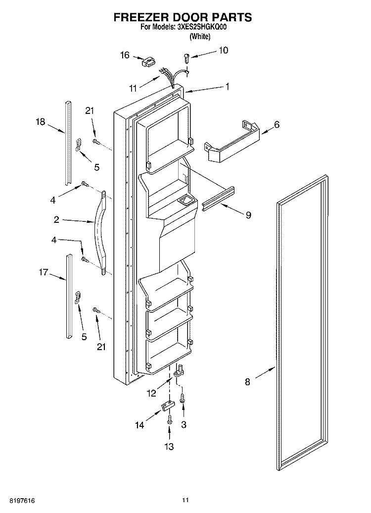 FREEZER DOOR Diagram and Parts List for 3XES2SHGKQ00  Whirlpool Refrigerator