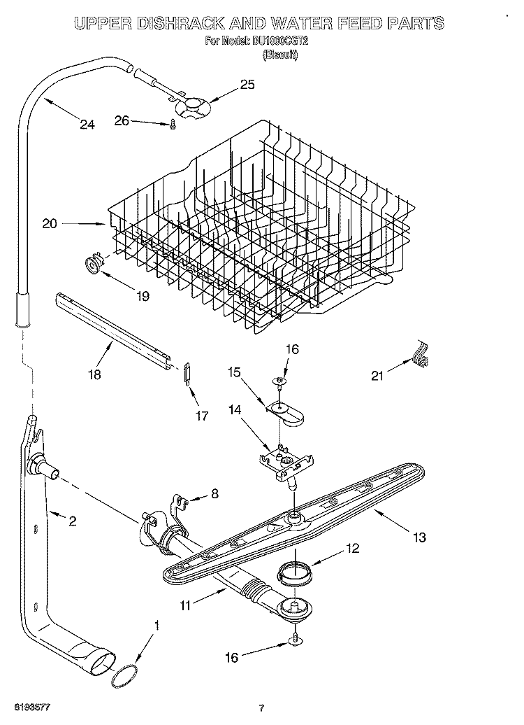 UPPER DISHRACK AND WATERFEED Diagram and Parts List for DU1000CGT2  Whirlpool Dishwasher