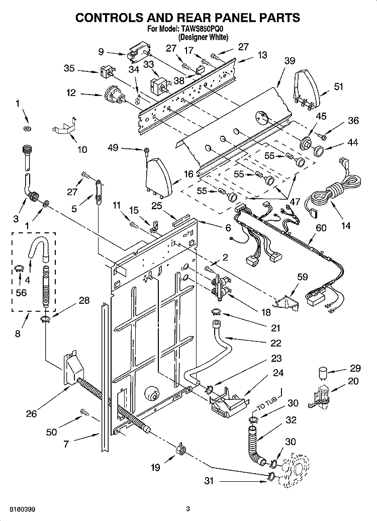 CONTROLS AND REAR PANEL PARTS Diagram and Parts List for TAWS850PQ0  Estate Washer