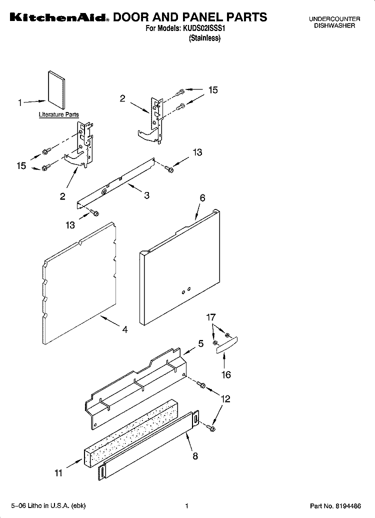 DOOR AND PANEL PARTS Diagram and Parts List for KUDS02ISSS1  KitchenAid Dishwasher