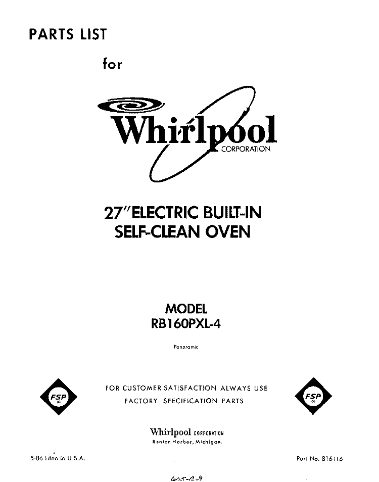 SECTION Diagram and Parts List for RB160PXL4  Whirlpool Wall Oven