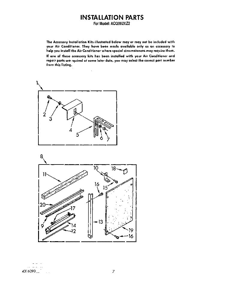 INSTALLATION, LITERATURE Diagram and Parts List for ACQ082XZ2  Whirlpool Air Conditioner