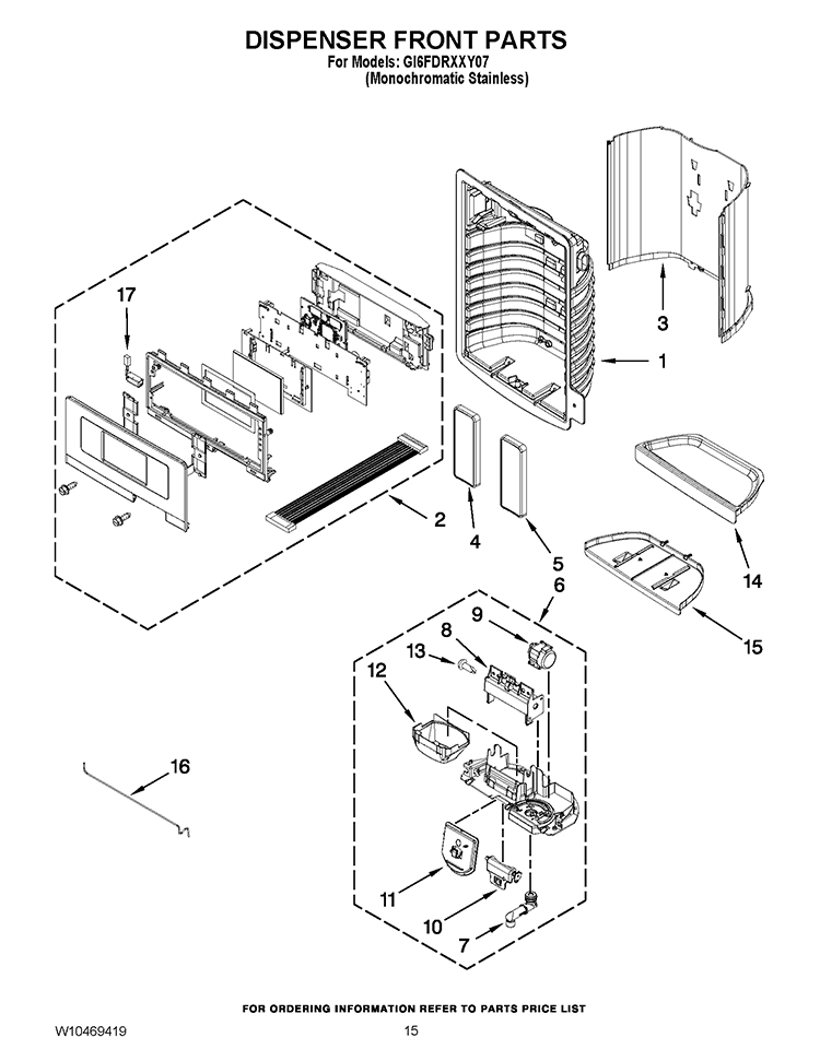 DISPENSER FRONT PARTS Diagram and Parts List for GI6FDRXXY07  Whirlpool Refrigerator