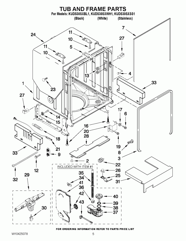 TUB AND FRAME PARTS Diagram and Parts List for KUDS30SXBL1  KitchenAid Dishwasher