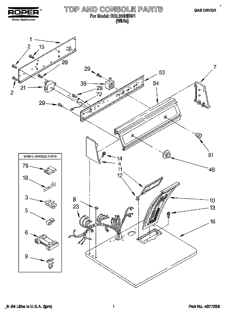 TOP AND CONSOLE, LIT/OPTIONAL Diagram and Parts List for RGL3612BW1  Roper Dryer