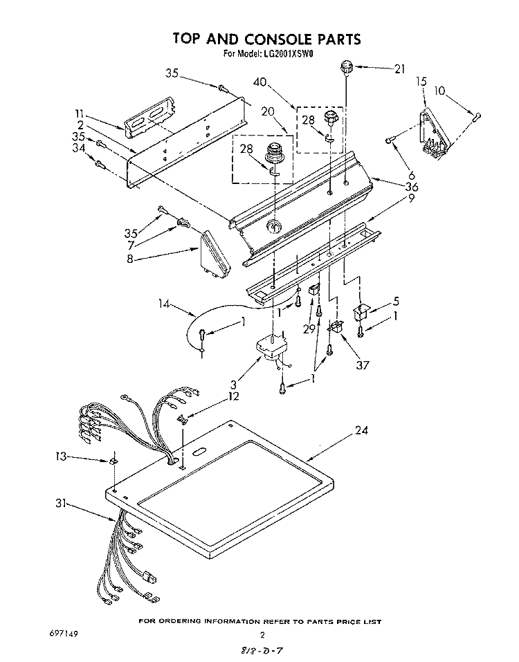 TOP AND CONSOLE Diagram and Parts List for LG2001XSW0  Whirlpool Dryer