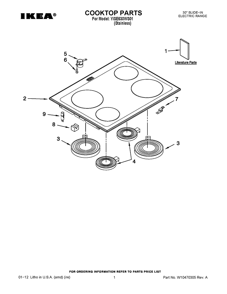 COOKTOP PARTS Diagram and Parts List for YISE630WS01  Whirlpool Range