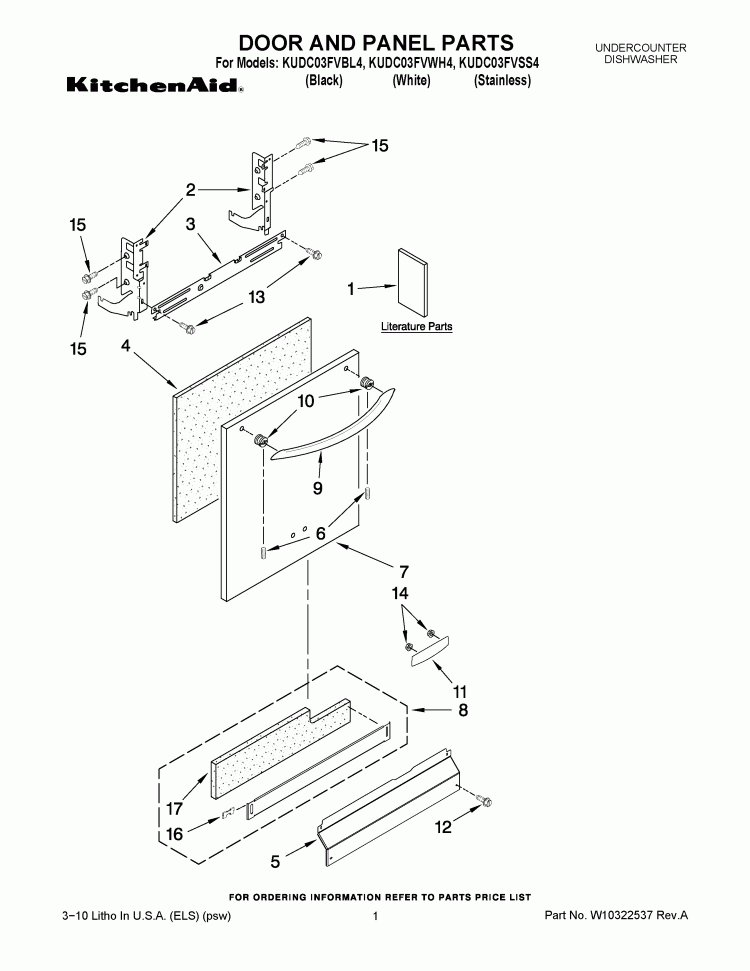 DOOR AND PANEL PARTS Diagram and Parts List for KUDC03FVBL4  KitchenAid Dishwasher