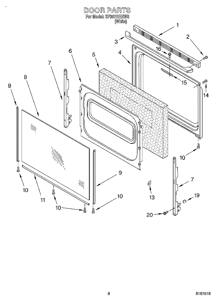 DOOR Diagram and Parts List for SF357BEHW6  Whirlpool Range