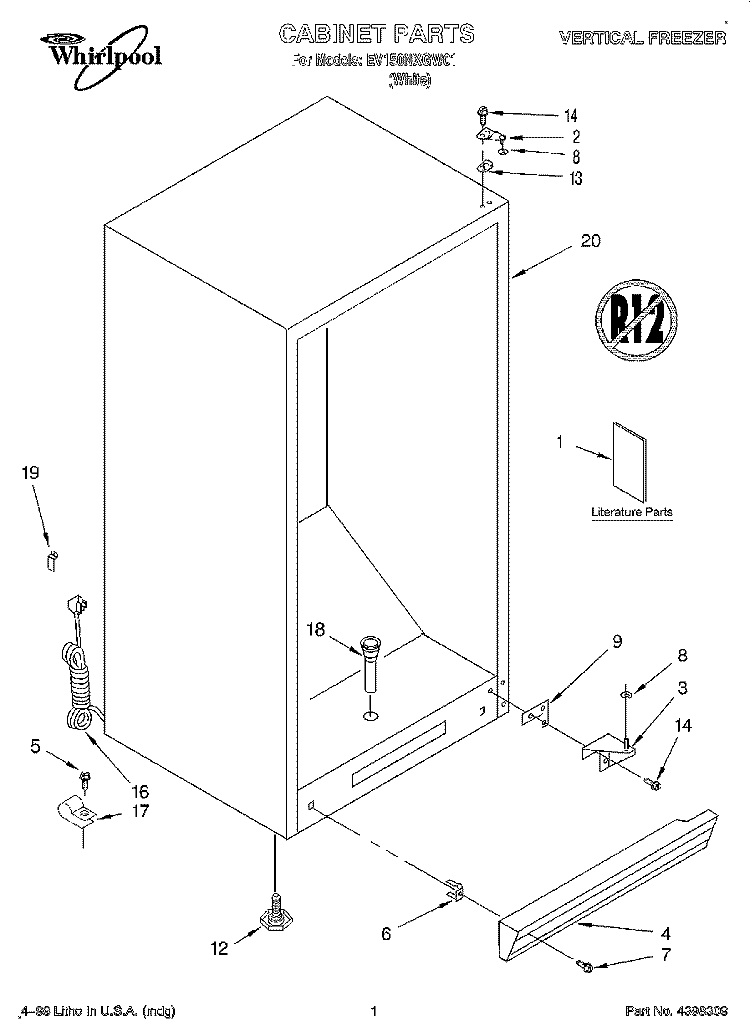 CABINET, LIT/OPTIONAL Diagram and Parts List for EV150NXGW01  Whirlpool Freezer