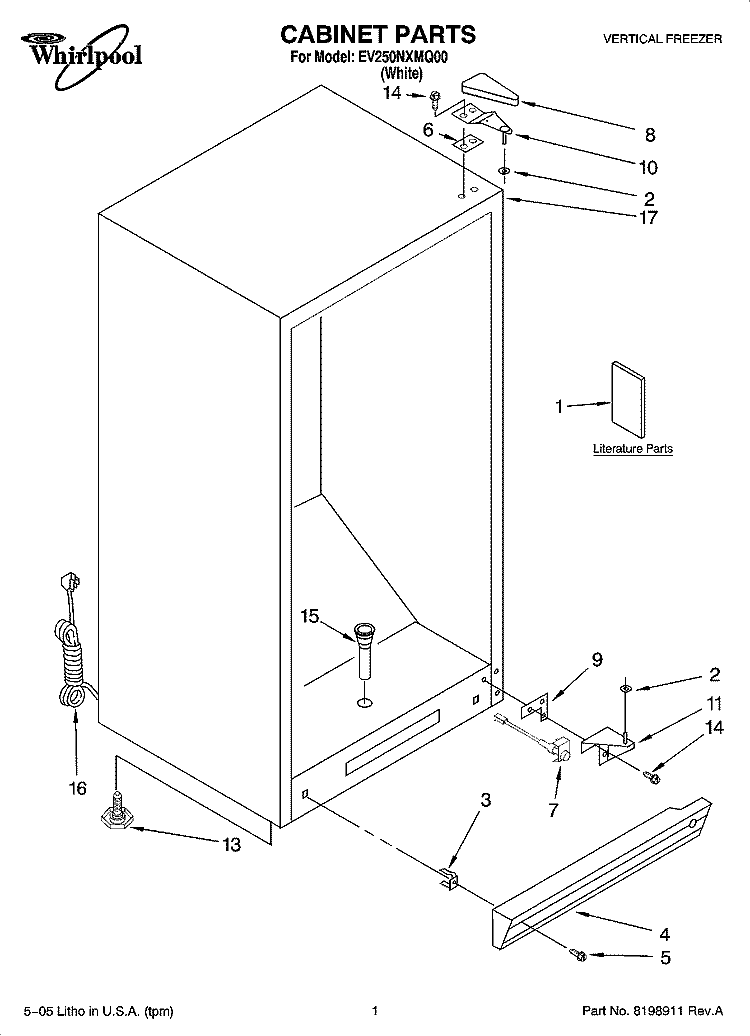 CABINET PARTS Diagram and Parts List for EV250NXMQ00  Whirlpool Freezer