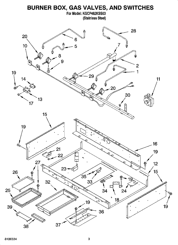 BURNER BOX, GAS VALVES, AND SWITCHES, OPTIONAL PARTS Diagram and Parts List for KGCP462KSS03  KitchenAid Cooktop
