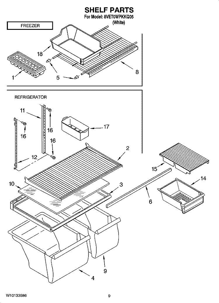 SHELF PARTS, OPTIONAL PARTS Diagram and Parts List for 8VET0WPKKQ05  Whirlpool Refrigerator