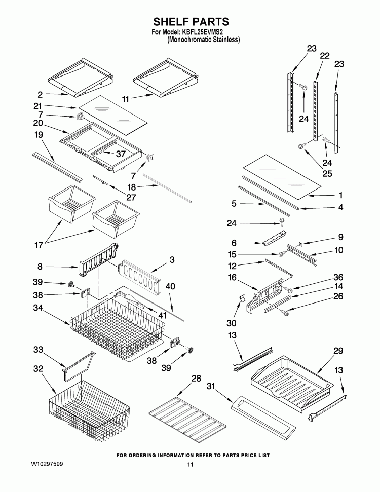 SHELF PARTS Diagram and Parts List for KBFL25EVMS2  KitchenAid Refrigerator