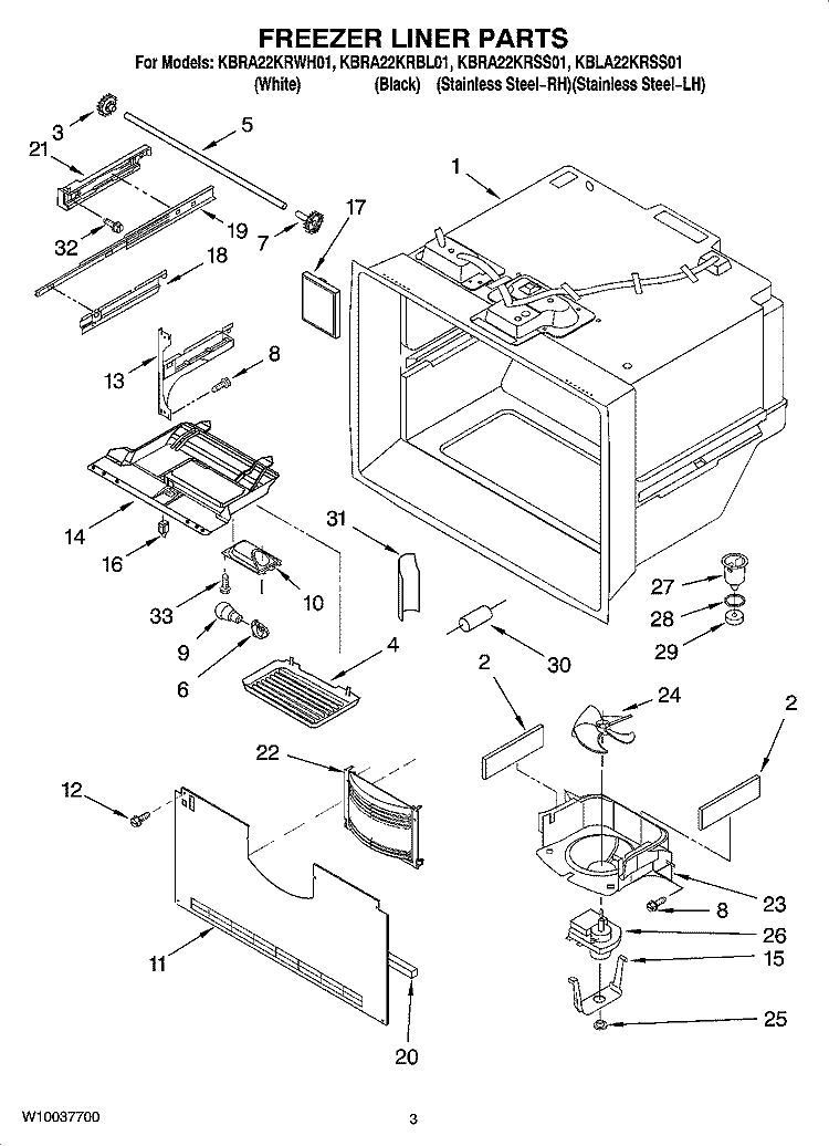 FREEZER LINER PARTS Diagram and Parts List for KBLA22KRSS01  KitchenAid Refrigerator