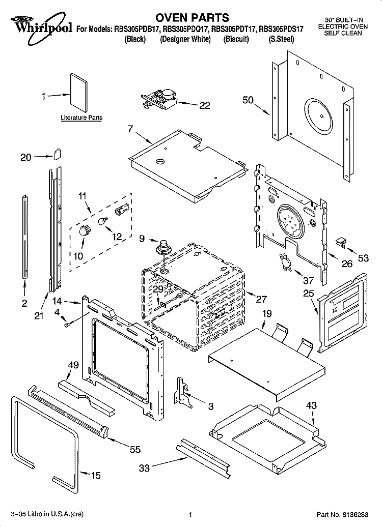 OVEN PARTS Diagram and Parts List for RBS305PDS17  Whirlpool Wall Oven