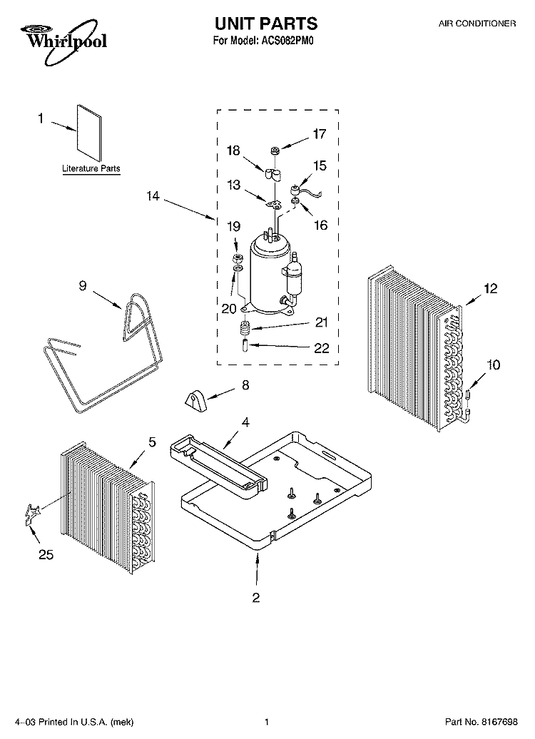 UNIT PARTS Diagram and Parts List for ACS082PM0  Whirlpool Air Conditioner
