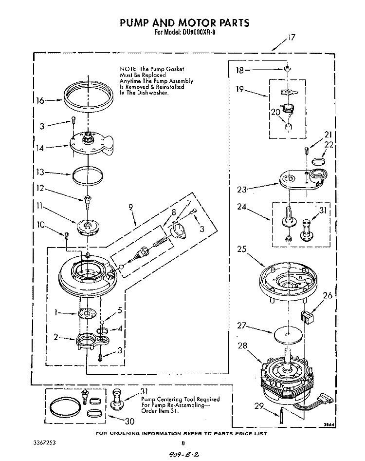 PUMP AND MOTOR Diagram and Parts List for DU9000XR9  Whirlpool Dishwasher