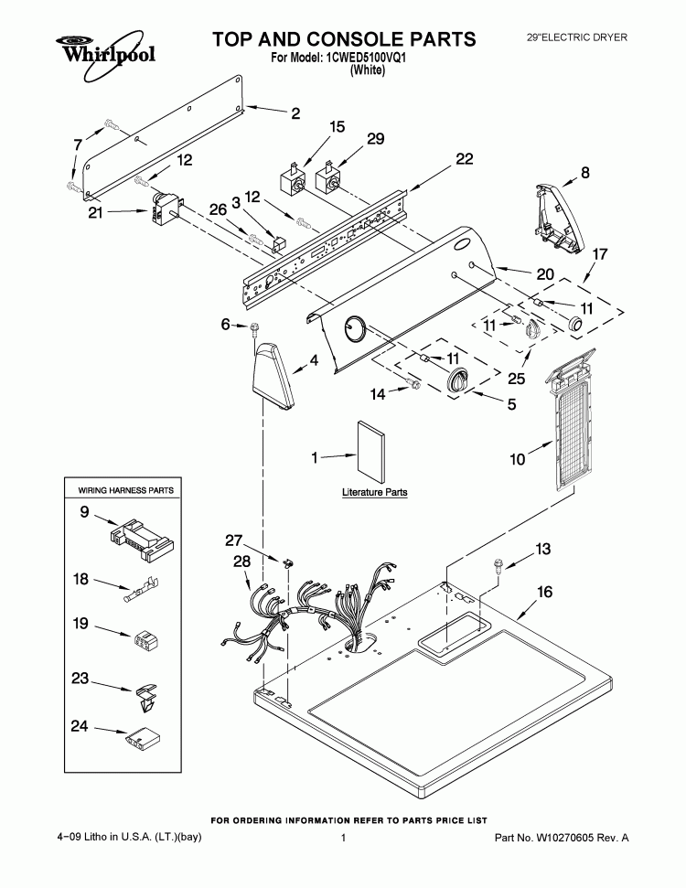 TOP AND CONSOLE PARTS Diagram and Parts List for 1CWED5100VQ1  Whirlpool Dryer