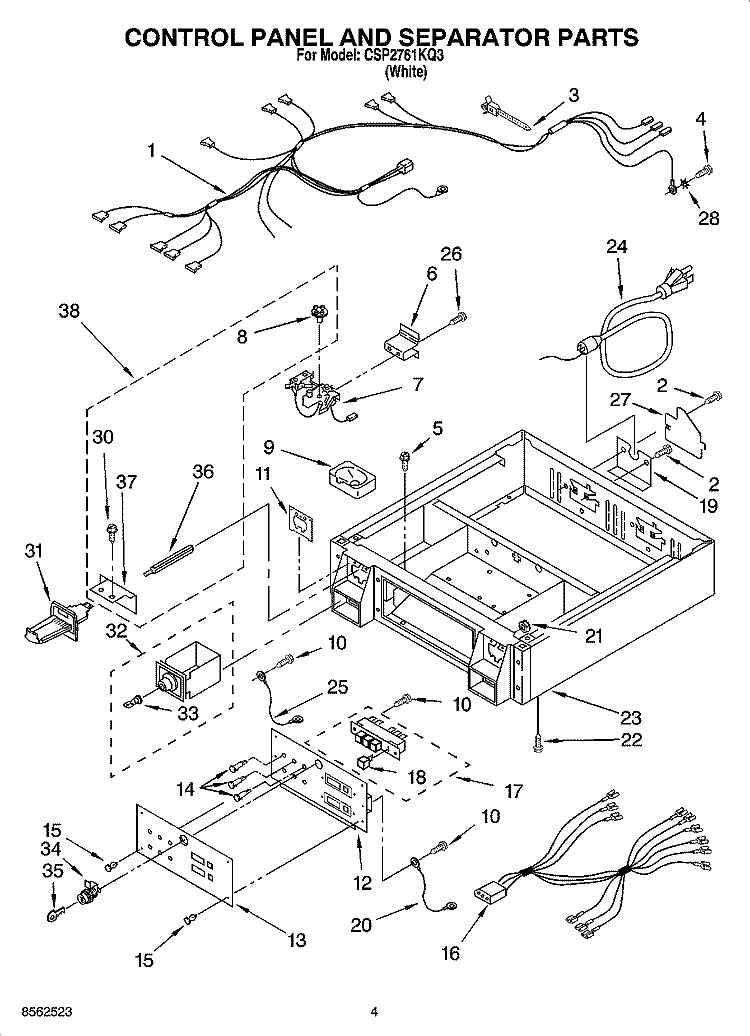 CONTROL PANEL AND SEPARATOR PARTS Diagram and Parts List for CSP2761KQ3  Whirlpool Dryer