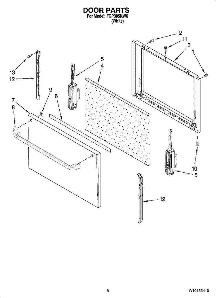 DOOR PARTS, OPTIONAL PARTS (NOT INCLUDED) Diagram and Parts List for FGP305KW6  Roper Range