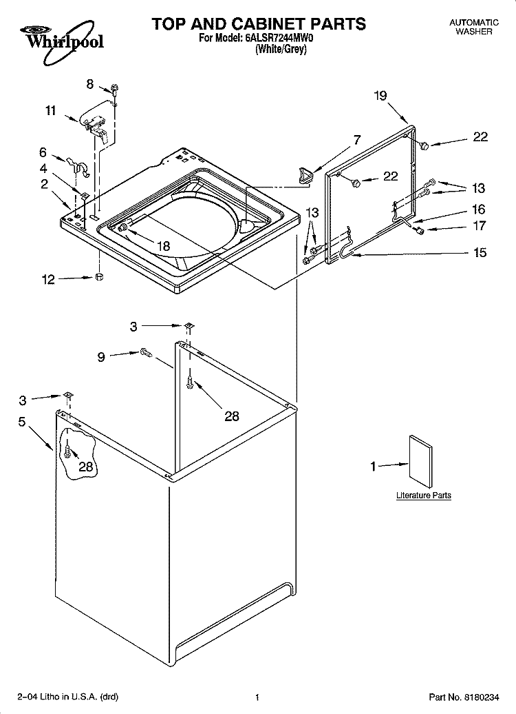 TOP AND CABINET PARTS Diagram and Parts List for 6ALSR7244MW0  Whirlpool Washer