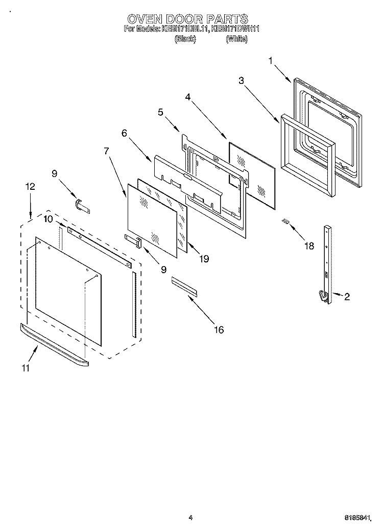 OVEN DOOR Diagram and Parts List for KEBI171DBL11  KitchenAid Wall Oven
