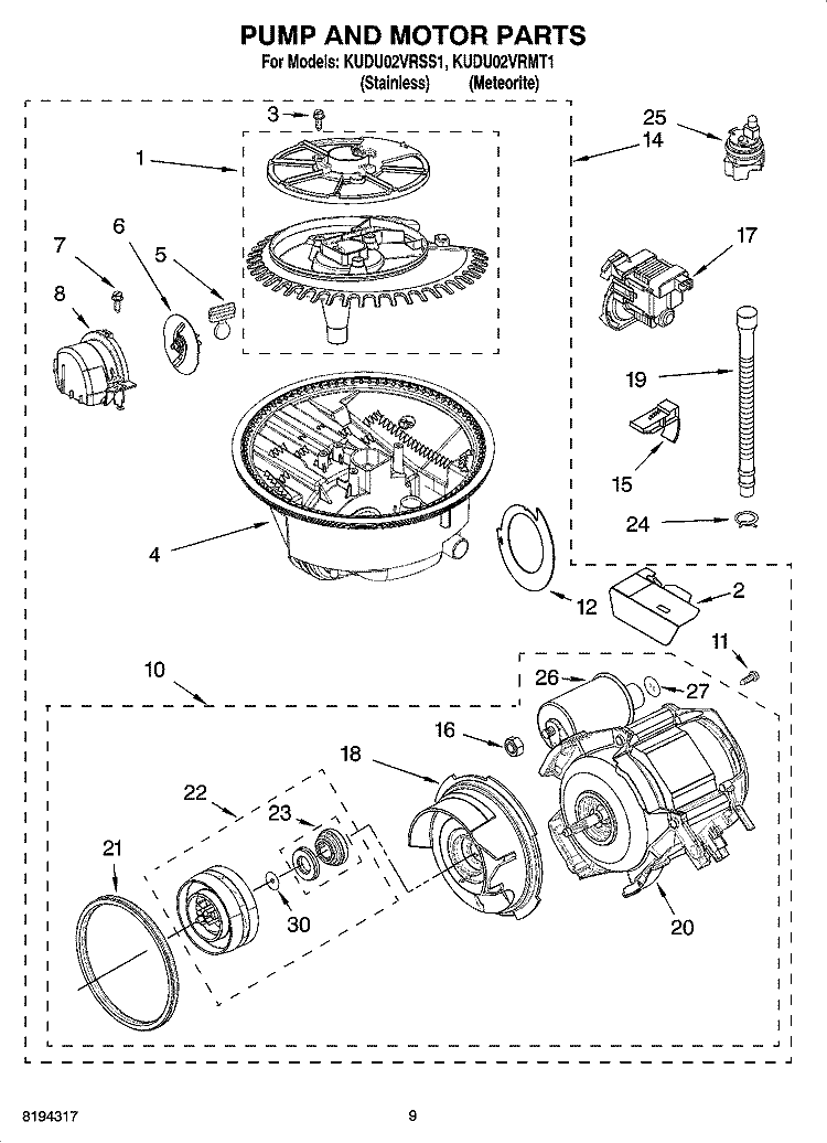 PUMP AND MOTOR PARTS Diagram and Parts List for KUDU02VRSS1  KitchenAid Dishwasher