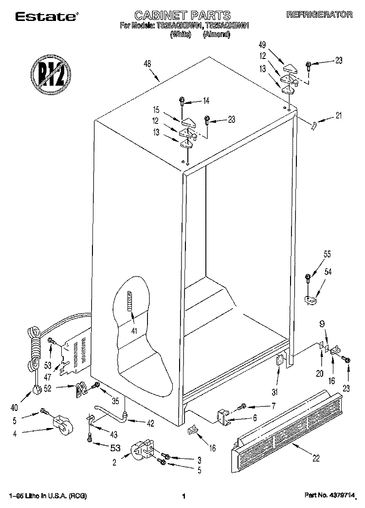 CABINET Diagram and Parts List for TS25AQXBN01  Estate Refrigerator