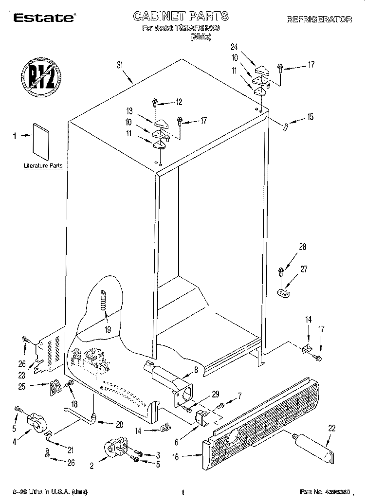 CABINET, LITERATURE Diagram and Parts List for TS25AFXHW00  Estate Refrigerator