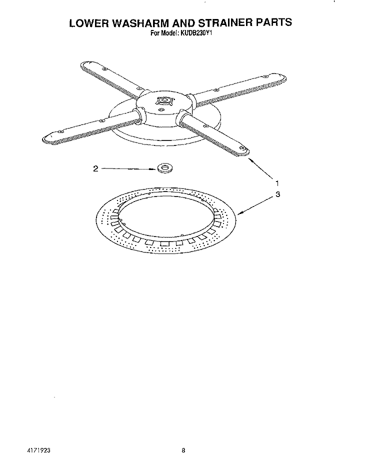 LOWER WASHARM AND STRAINER Diagram and Parts List for KUDB230Y1  KitchenAid Dishwasher