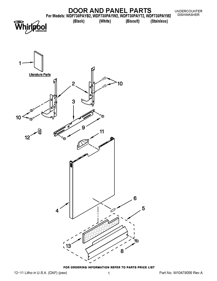 DOOR AND PANEL PARTS Diagram and Parts List for WDF730PAYM2  Whirlpool Dishwasher