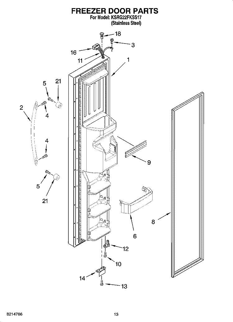 FREEZER DOOR PARTS Diagram and Parts List for KSRG22FKSS17  KitchenAid Refrigerator
