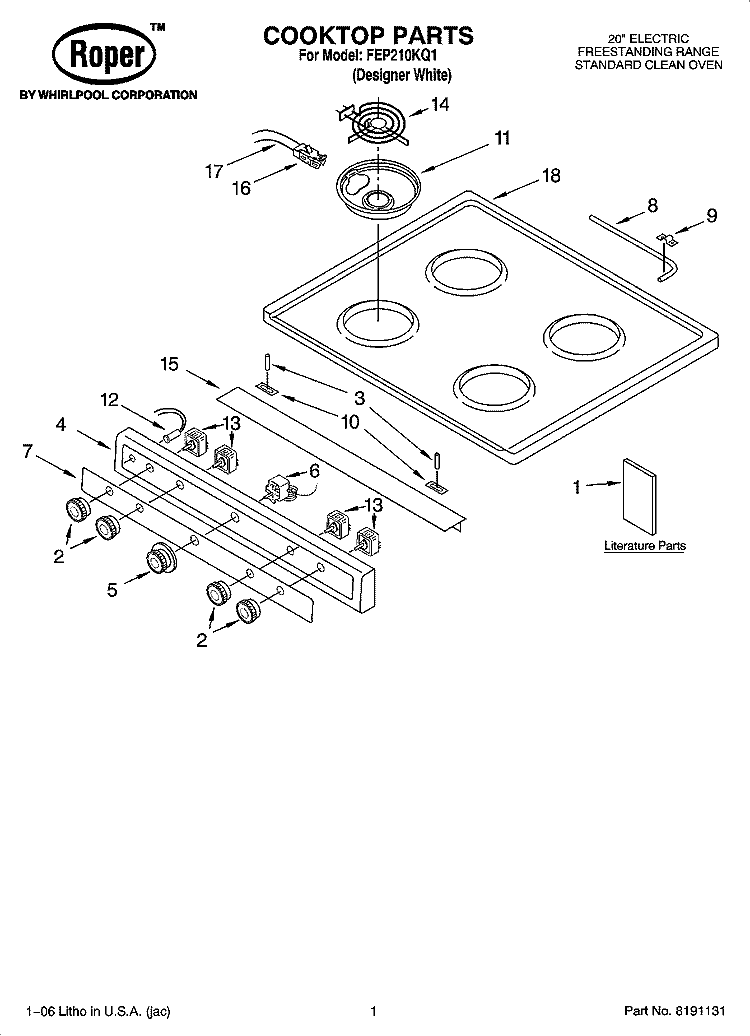 COOKTOP PARTS Diagram and Parts List for FEP210KQ1  Roper Range