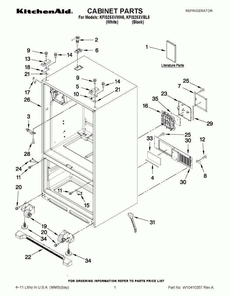 CABINET PARTS Diagram and Parts List for KFIS25XVBL5  KitchenAid Refrigerator