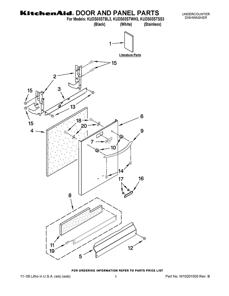 DOOR AND PANEL PARTS Diagram and Parts List for KUDS03STBL3  KitchenAid Dishwasher