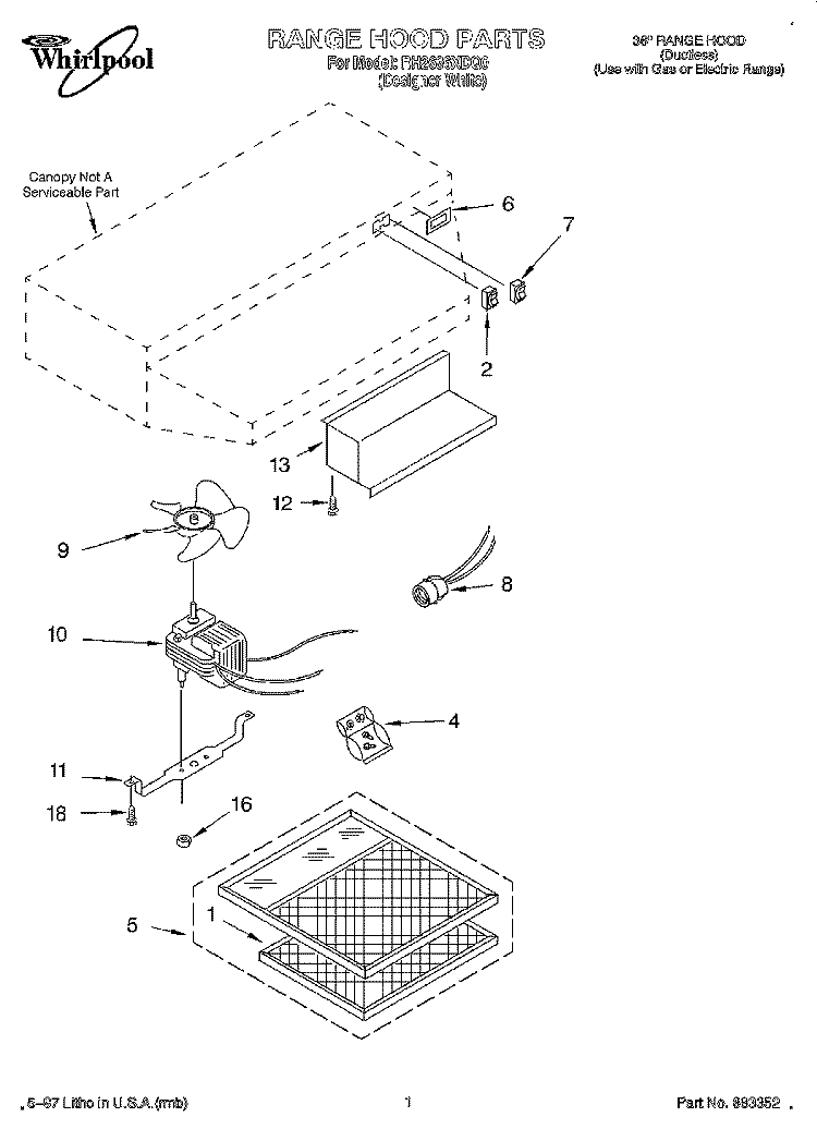 SECTION Diagram and Parts List for RH2636XDQ0  Whirlpool Range Hood