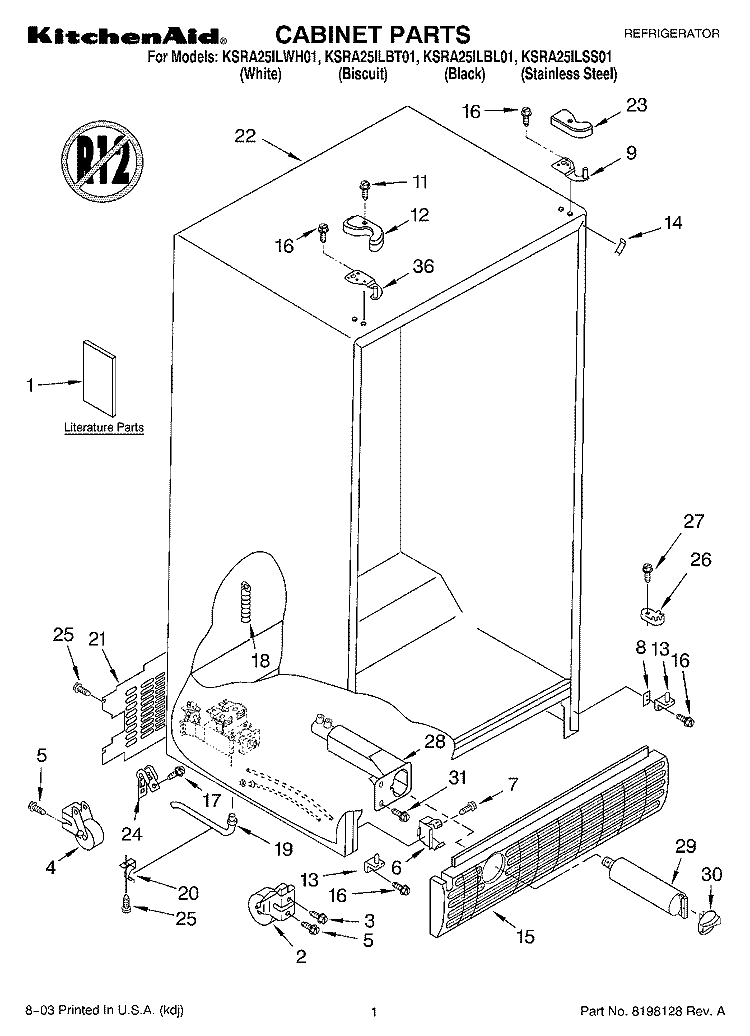 CABINET PARTS Diagram and Parts List for KSRA25ILWH01  KitchenAid Refrigerator