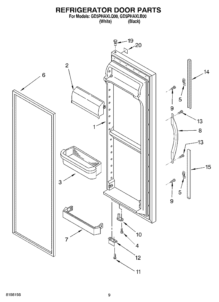 REFRIGERATOR DOOR Diagram and Parts List for GD5PHAXLB00  Whirlpool Refrigerator