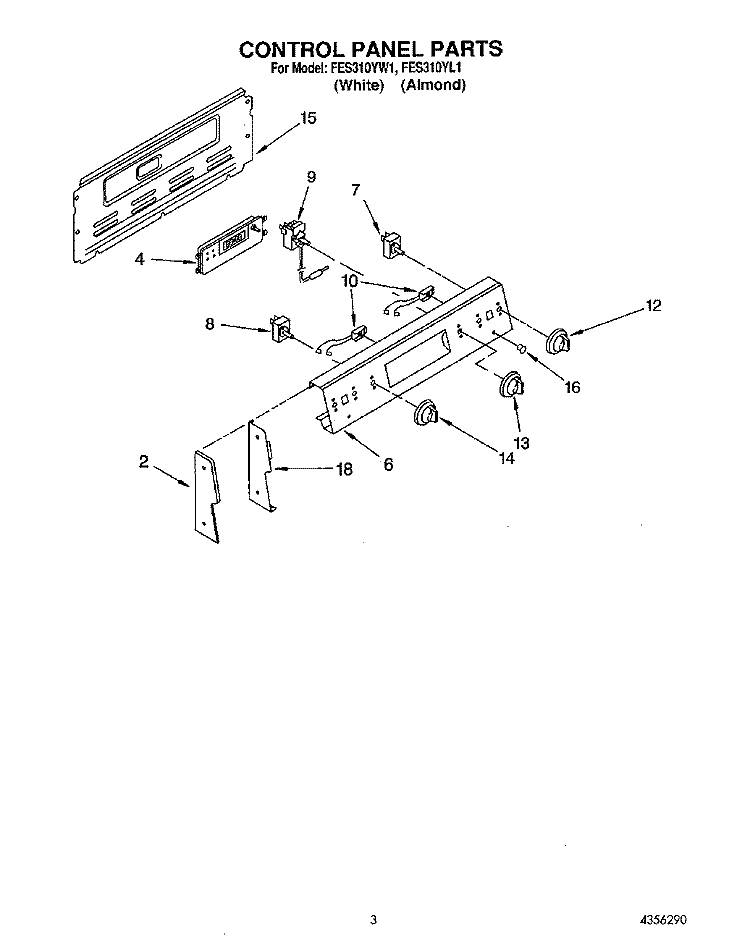 CONTROL PANEL Diagram and Parts List for FES310YL1  Whirlpool Range