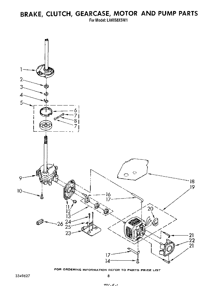 BRAKE, CLUTCH, GEARCASE, MOTOR AND PUMP Diagram and Parts List for LA6058XSW1  Whirlpool Washer