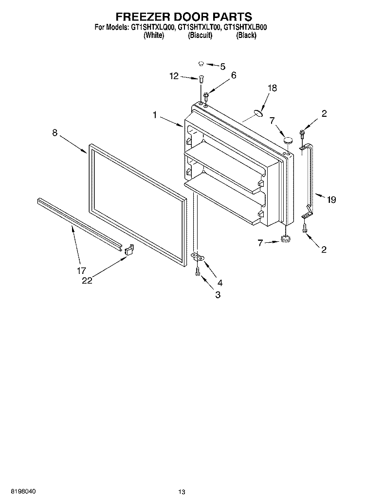 FREEZER DOOR Diagram and Parts List for GT1SHTXLT00  Whirlpool Refrigerator