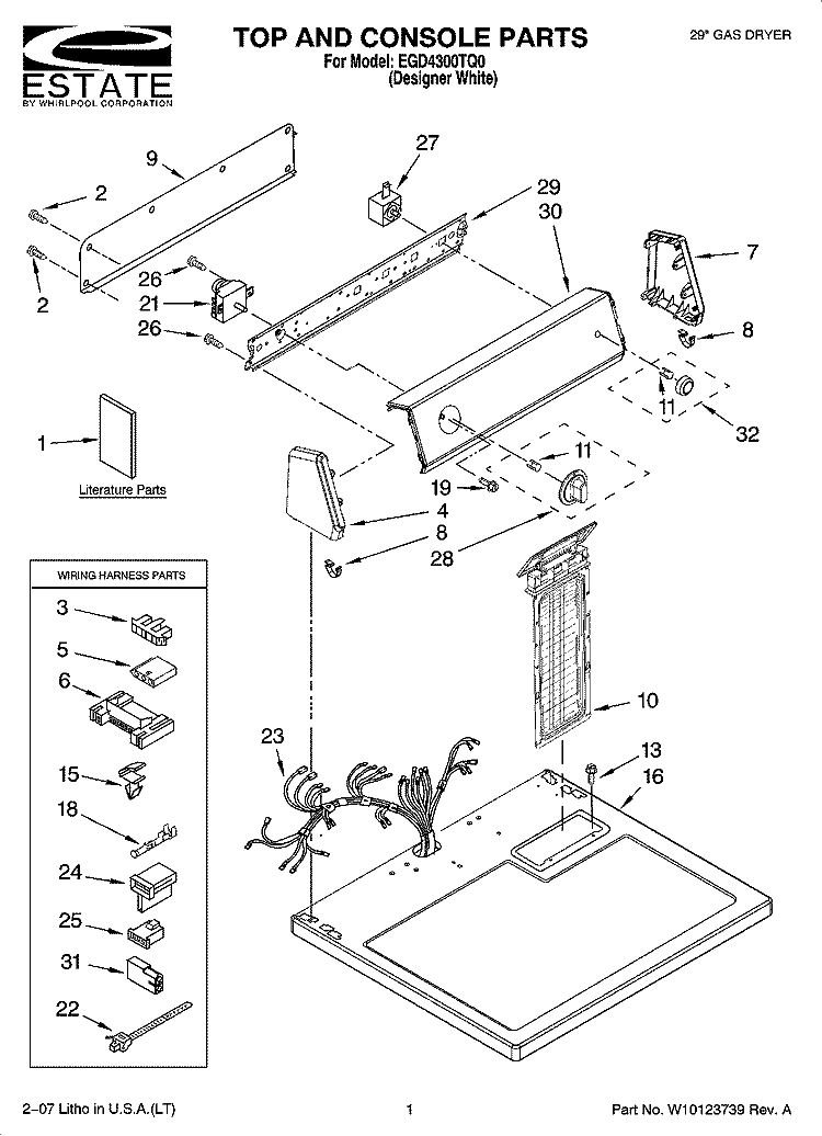 TOP AND CONSOLE PARTS Diagram and Parts List for EGD4300TQ0  Estate Dryer
