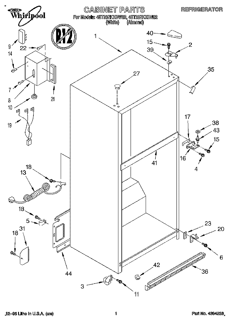 CABINET Diagram and Parts List for 4ET20ZKXDW02  Whirlpool Refrigerator