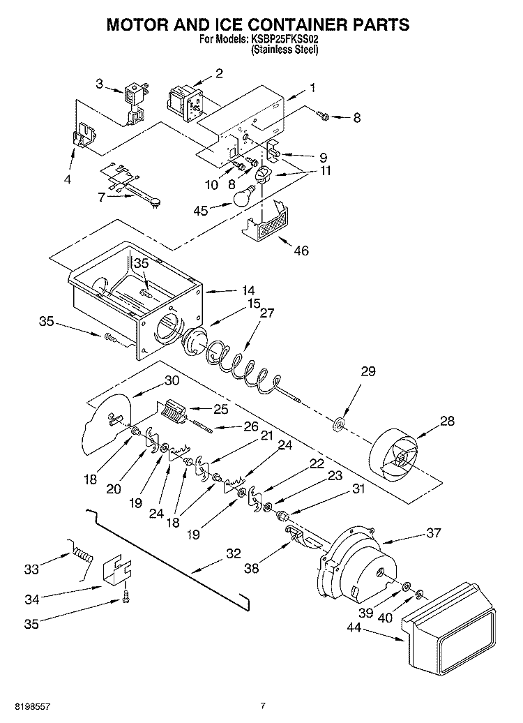 MOTOR AND ICE CONTAINER PARTS Diagram and Parts List for KSBP25FKSS02  KitchenAid Refrigerator