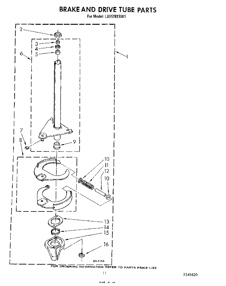 BRAKE AND DRIVE TUBE Diagram and Parts List for LA5578XSW1  Whirlpool Washer