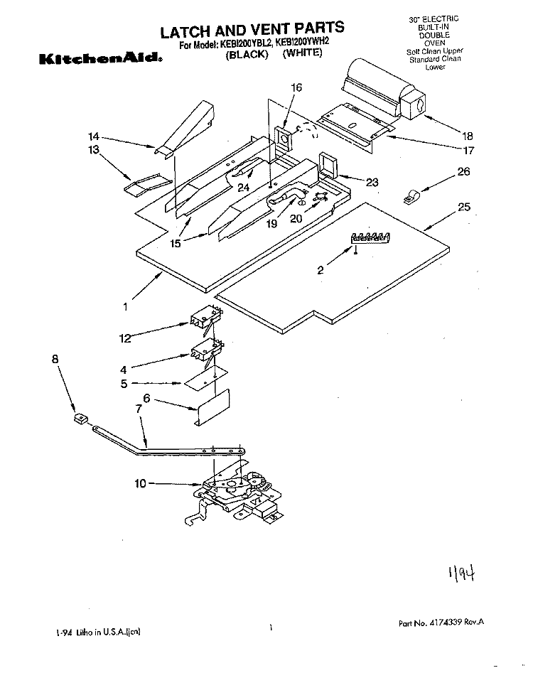 LATCH AND VENT, LITERATURE Diagram and Parts List for KEBI200YBL2  KitchenAid Wall Oven