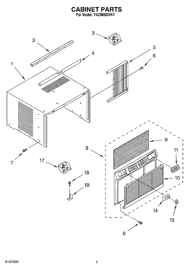 CABINET PARTS Diagram and Parts List for YACM082XK1  Whirlpool Air Conditioner